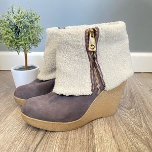 Michael Kors Brown Leather Shearling Wedge Boots